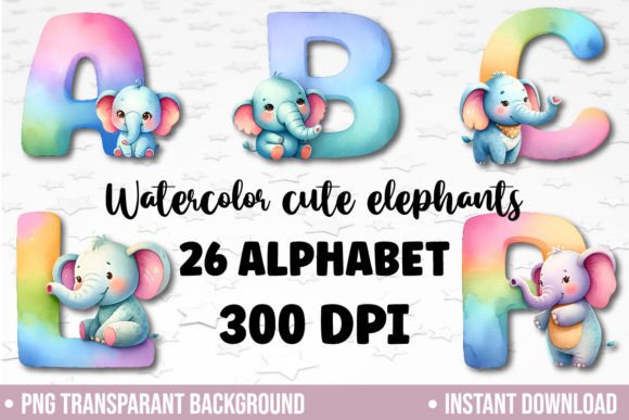 Download Watercolor Cute Elephant Alphabet PNG - Watercolor Collection